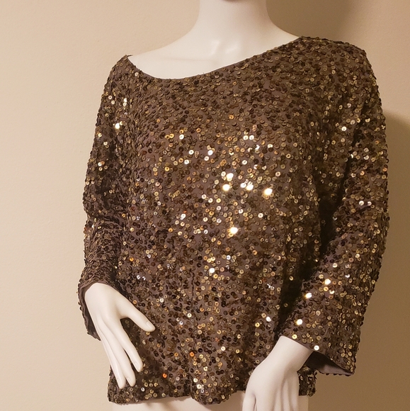 VINCE for Bergdorf Goodman Met. Sequin Silk Pewter Gold Top-L - Picture 4 of 10